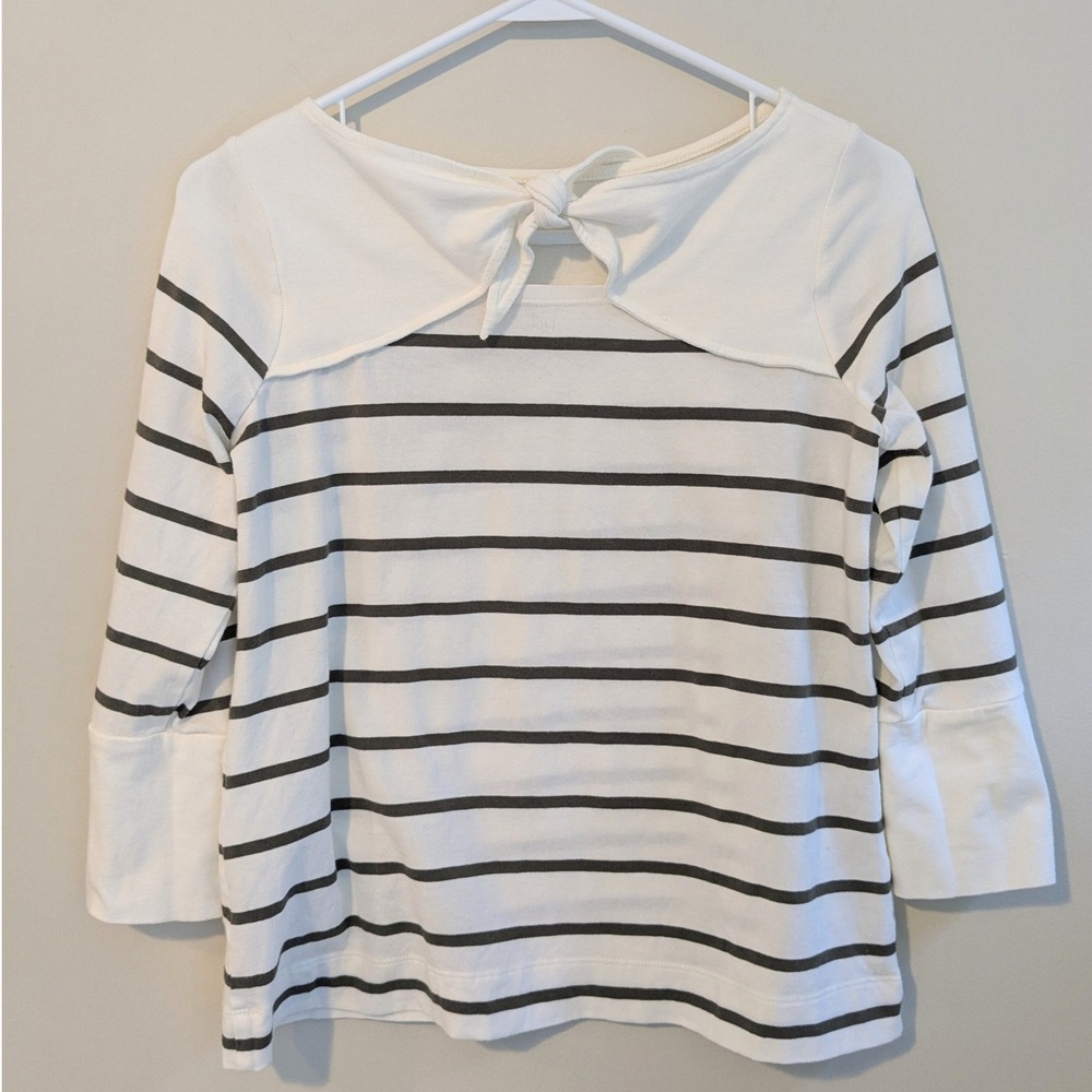 J. Jill Striped Tie Back Top Women's XS Petite 3/4 Sleeve Olive Green and White - Picture 3 of 5